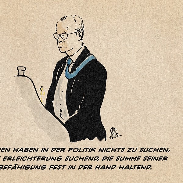 Illustration eine nachdenklichen Merz am Pissoir. Textzeile: Frauen! Frauen haben in der Politik nichts zu suchen, dachte Merz Erleichterung suchend, alles was ihn zum Kanzler befähigt fest in der Hand haltend.