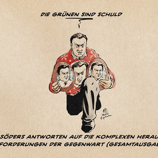 Illustration eines mit zwei Selfie Ostereiern in einem Selfie-Weinachtspulli knieendem Markus Söder. Er sagt: Die Grünen sind schuld. Textzeile: Söders Antworten auf die komplexen Herausforderungen der Gegenwart (Gesamtausgabe)