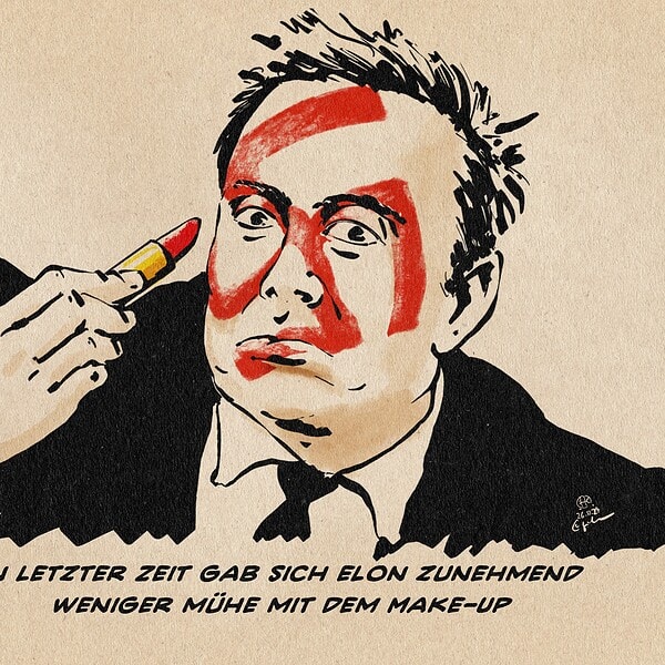 Illustration eines Elon Musk, der sich mit dem Lippenstift ein Hakenkreuz ins Gesicht malt. Textzeile: In letzter Zeit gab sich Elon Musk zunehmend weniger Mühe mit dem Make-Up.