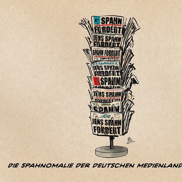 Illustration eines Zeitungsständers voller unterschiedlicher Zeitungen, die Jens Spahn Fordert titeln. Textzeile: Die Spahnomalie der deutschen Medienlandschaft.