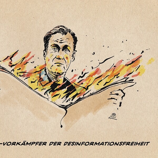Illustration vom Springer-Chef Döpfner, der eine aufgeschlagene brennende Zeitung haltend über die Bildbetrachter hinweg in die Ferne blickt. Textzeile: Döpfner- Vorkämpfer der Desinformationsfreiheit