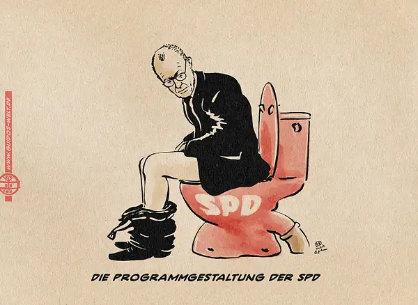 Illustration eines auf einem roten mit SPD beschrifteten Klo sitzenden Friedrich Merz. Textzeile: Die Programmgestaltung der SPD