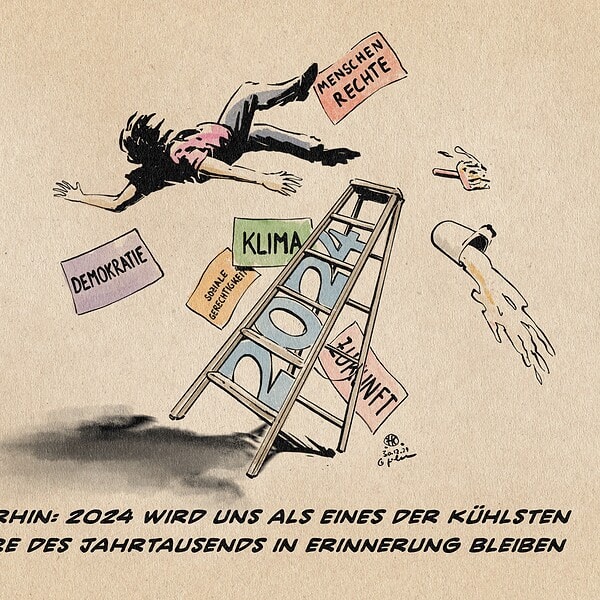 Illustration eines durch die Luft fliegenden von einer mit 2024 beschrifteten umstürzenden Leiter fallenden Plakatierers inmitten von durch die Luft fliegenden Plakaten, Leimeimer und Kleisterquast. Die Plakate sind beschriftet mit: Demokratie, soziale Gerechtigkeit, Klima, Zukunft und Menschenrechte. Textzeile: Immerhin: 2024 wird uns als eines der kühlsten Jahre des Jahrtausends in Erinnerung bleiben.