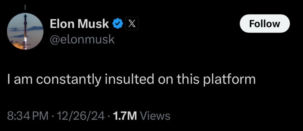 Screenshot eines Tweets von Elon Musk in welchem er beklagt, dass er auf seiner Platform den ganzen Tag beleidigt wird.