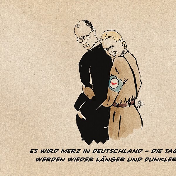 Karikatur von Merz und eine Frau mit dunkler Kleidung und Armbinde.