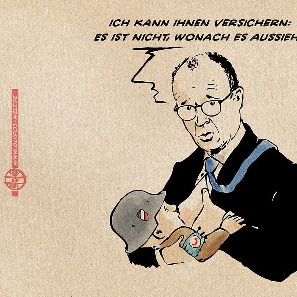 Illustration: Merz stillt an seiner Brust ein Baby mit Stahlhelm und AfD Armbinde, welches er fürsorglich im Arm hält und im seine Brust zum Trinken darreicht. Er sagt zur Betrachter*innenebne gewandt: Ich kann Ihnen versichern: es ist nicht, wo nach es aussieht.