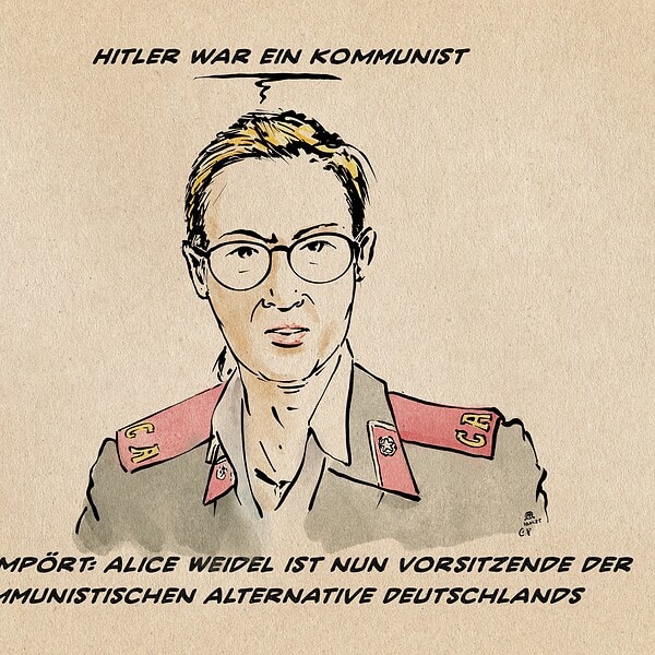 Illustration von Alice Weidel in einer russischen Uniformbluse aus der Stalinzeit. Sie sagt: Hitler war ein Kommunist. Textzeile: Nazis empört: Alice Weidel ist nun Vorsitzende der Kommunistischen Alternative für Deutschland