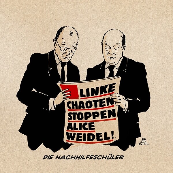 Illustration Merz und Scholz beim gemeinsamen lesen der gestrigen Bildschlagzeile: LINKE CHAOTEN STOPPEN ALICE WEIDEL! Textzeile: Die Nachhilfeschüler