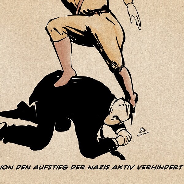 Illustration eines Mannes im Anzug, der sich hinkauernd als Trittstufe für einen mit Tritt auf seinen Rücken aufsteigenden Mann in SA Uniform willig anbietet. Textzeile: Wie die Union den Aufstieg der Nazis aktiv verhindert.