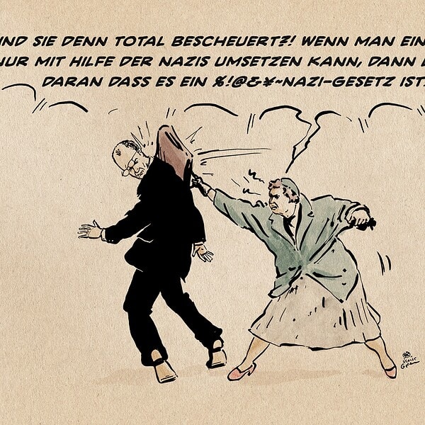 Illustration einer wütenden Frau, die Friedrich Merz eine Handtasche an den Kopf knallt. Die Frau ist ein Bildzitat des seinerzeit berühmten Pressebildes Frau mit Handtasche. Das zeigte eine robuste Dame, die 1985 einem Neonazi bei einem Nazi-Aufmarsch eine Handtasche überzieht. Sie ruft: Sind sie denn total bescheuert!? Wenn man ein Gesetz nur mit Hilfe der Nazis umsetzen kann, dann ist liegt es daran, das es ein %!@&¥~Gesetz ist!!!