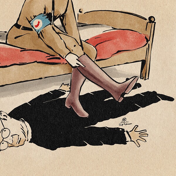 Illustration eines Friedrich Merz als Bettvorleger der AfD.