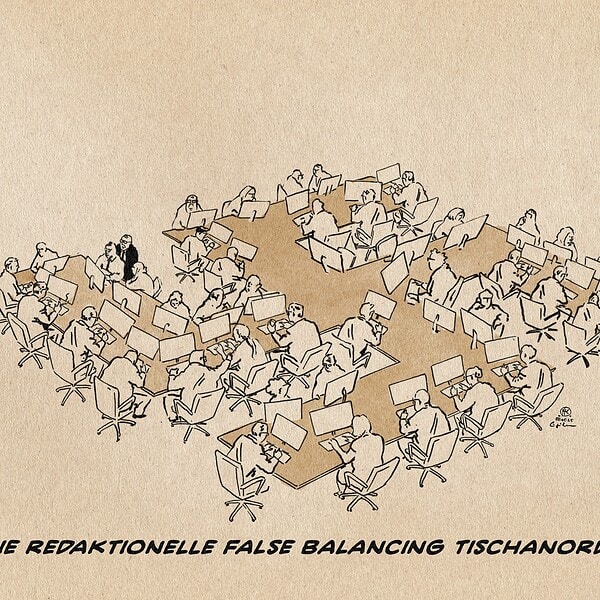 Redakteur*innen an einem Tisch in Form eines Hakenkreuzes. Textzeile: Die Redaktionelle False Balancing Tischanordnung