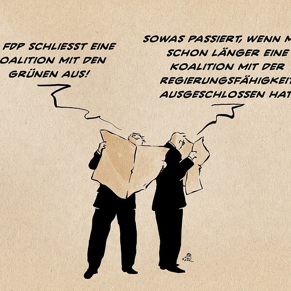 Illustration zweier Zeitungslesender Männer, die sich über ihr gelesenes unterhalten. der eine sagt: die FDP schließt eine Koalition mit den Grünen aus! Der andere entgegnet: Sowas passiert, wenn man schon länger eine Koalition mit der Regierungsfähigkeit ausgeschlossen hat.
