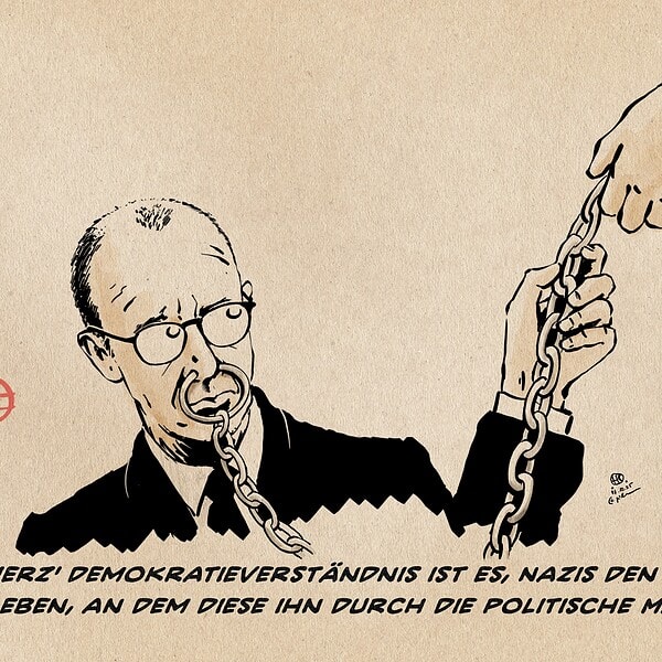 Illustration eines Merz, der eine an seinem Nasenring befestigte Kette an eine Hand in einem Armeemantel mit AfD Mantelband weiterreicht. Textzeile: Merz‘ Demokratieverständnis ist es, Nazis den Nasenring zu geben, an dem diese ihn durch die politische Manege führen