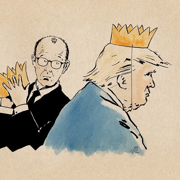Illustration: Merz hält eine Krone in Händen und schaut nachdenklich über die Schulter dem vorbeigehenden Trump hinterher, der eine Pappkrone trägt.