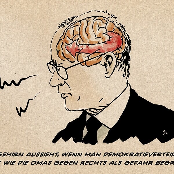 Illustration von Merz im Profil, ärgerlich. Man kann im Kopf sein Gehirn sehen, dessen Windungen einen AfD Kogopfeil bilden. Textzeile: Wie ein Gehirn aussieht, wenn man demokraverteidigende NGOS wie die Omas gegen Rechts als Gefahr begreift.