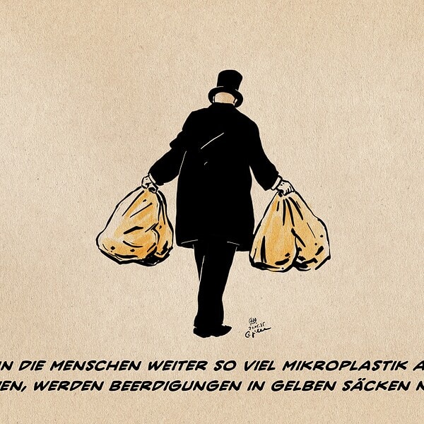 Karikatur eines Mannes mit Müllsäcken, Umweltverschmutzung durch Mikroplastik.
