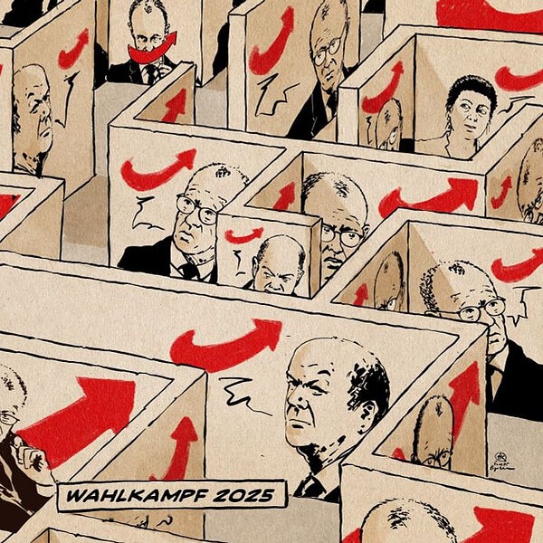 Illustration eines Irrgartens auf dessen Wänden die Gesichter von Merz, aber auch von Scholz, Wagenknecht und Söder sind, die den AfD Logopfeil sprechen. Text: Wahlkampf 2025