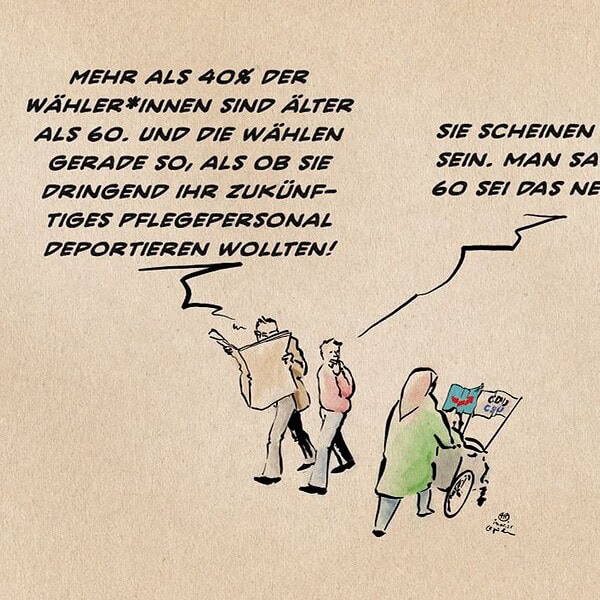 Humorvolle Karikatur über ältere Wähler bei der Wahl, passend zum Thema "Die Wahl der Greisen".