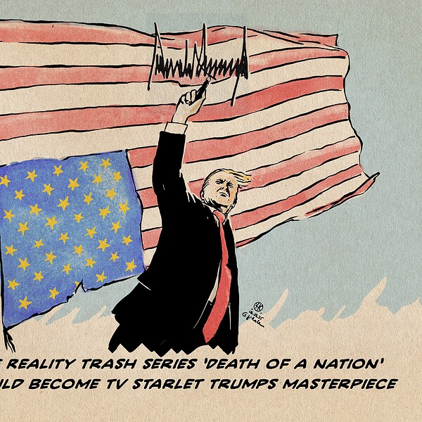 Illustration von Donald Trump, der vor stahlblauem Himmel und einer über Kopf wehenden US Flagge, internationales Zeichen für höchste Not, mit ausgestrecktem Arm seine Signatur in die Luft schreibt. Die Pose ist eine Adaption des ikonisch gewordenen Pressebildes bei dem Attentat auf ihn. Textzeile: The reallity trash series ‚death of a nation‘ should become TV Starlet Trumps Masterpiece.