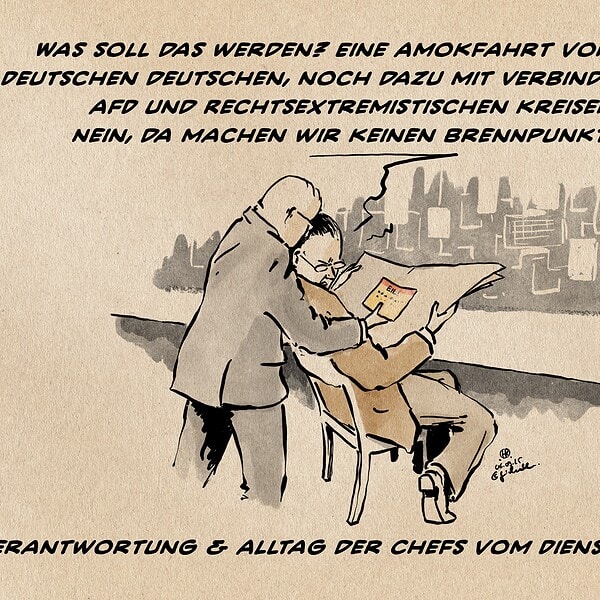 Bildbeschreibung Illustration: Ein Mann beugt sich zu einer zeitungslesenden sitzenden Person runter, dieser einen gelbroten Zettel mit dem Wort Eil! Zu t+zeigen. Die sitzende Person schaut verärgert über die Schulter auf den ihr hingehaltenen Zettel, sie sagt : WAS SOLL DAS WERDEN? EINE AMOKFAHRT VON EINEM DEUTSCHEN DEUTSCHEN, NOCH DAZU MIT VERBINDUNGEN ZU AFD UND RECHTSEXTREMISTISCHEN KREISEN!? NEIN, DA MACHEN WIR KEINEN BRENNPUNKT ZU. Textzeile VERANTWORTUNG & ALLTAG DER CHEFS VOM DIENST BEIM ÖRR