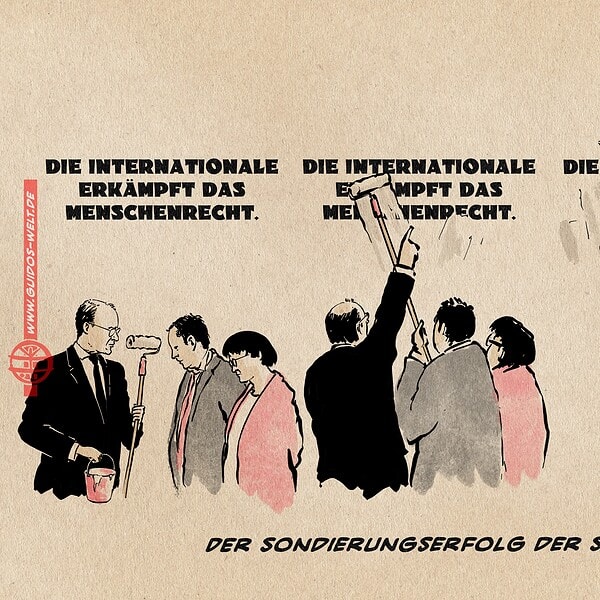 Illustration in drei Phasenbildern: Merz, Klinbeil und Esken vor dem Wandspruch „Die Internationale erkämpft das Menschenrecht“ Merz gibt Esken und Klingbeil Farbe und Farbrolle. Esken und Klingbeil streichen über den Wandspruch, von dem am Schluss nur „Die Nationale“ übrig bleibt.