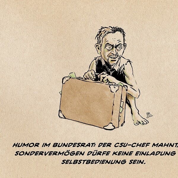 Karikatur eines Mannes mit Koffer, satirischer Kommentar zum Bundesrat.