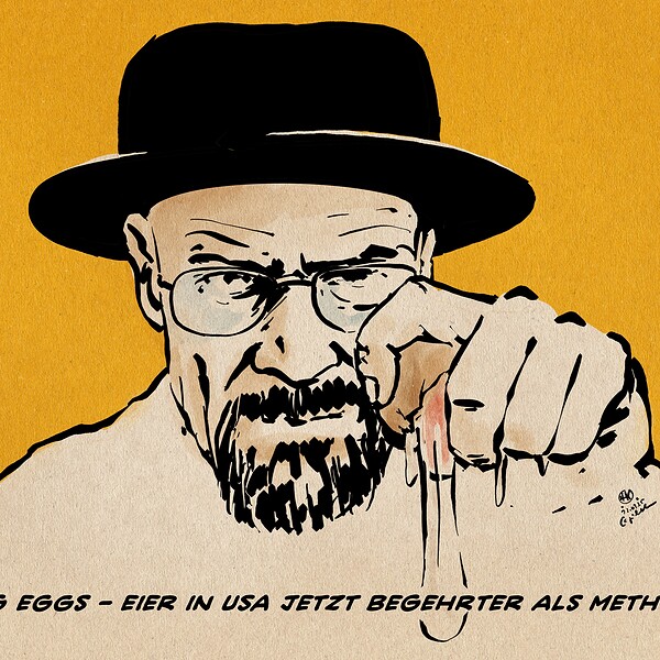 Illustration von Walter White, Hauptcharacter aus der Serie Breaking Bad, der ein Ei zerbricht. Textzeile: Breaking Eggs - Eier in USA jetzt begehrter als Meth