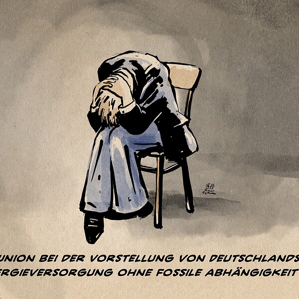 Illustration eines in sich zusammengekrümmt auf einem Stuhl sitzenden Menschen in tiefer Verzweiflung. Textzeile: Die Union bei der Vorstellung von Deutschlands Energieversorgung ohne fossile Abhängigkeit.