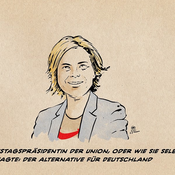 Karikatur einer Frau in Businesskleidung, symbolisch für politische Führung.