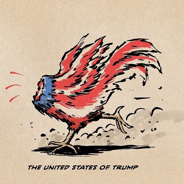 Illustration eines laufenden enthaupteten kopflosen Gockel in den Flaggenfarben der USA. Textzeile The United States of Trump