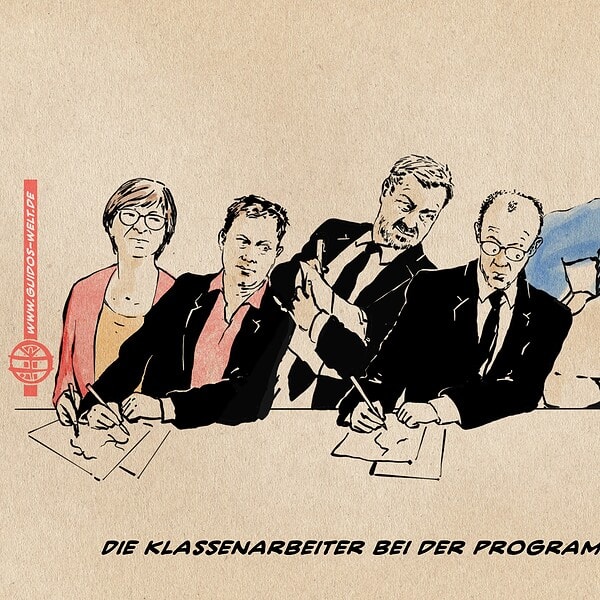 Illustration eines feisten Mannes im blauen Anzug, der ein Hakenkreuz auf den Tisch scheisst und von dem stellvertretend für ihre Parteien Merz, Söder, Klingbeil und Esken abschreiben. Textzeile: Die Klassenarbeiter bei der Programmklausur.
