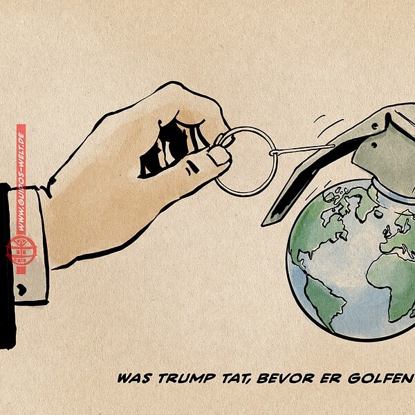 Illustration einer Hand im Anzug, die den Sicherungsring einer Handgranate in Form der Erde zieht. Textzeile: Was Trump tat, bevor er Golfen ging.