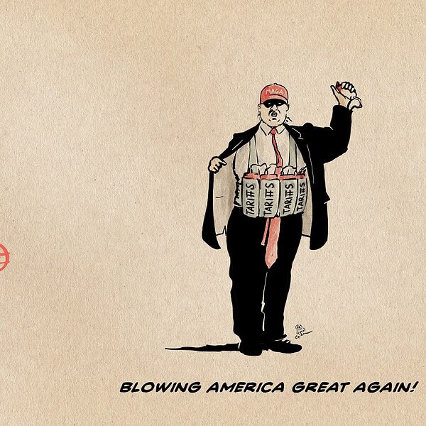 Illustration von Trump als Selbstmordattentäter mit einer Bombenveste, den Zünder hochhaltend. Auf den verkabelten Sprengstoffoaketen steht Tariffs. Textzeile: Blowing America great again.