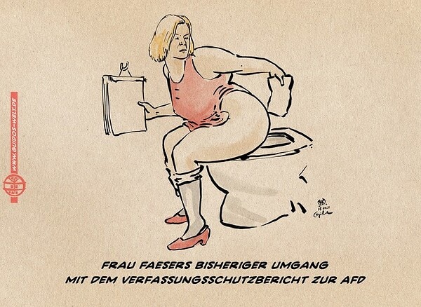 Illustration von Frau Faeser auf der Toilette, sich den Hintern mit Papierblättern abwischend, die sie von einem Block abreisst. Textzeile: Frau Faesers bisheriger Umgang mit dem Verfassungsschutzbericht zur AfD.