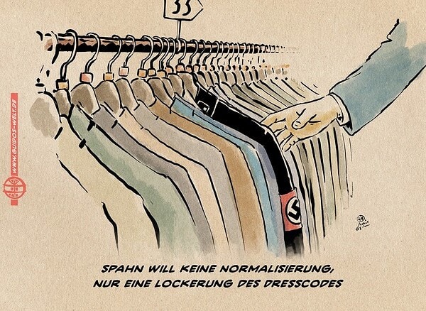 Illustration einer Hand, die an einer mit Sakkos behängten Kleiderstange im Modegeschäft zur SS Uniform greift. Textzeile: Spahn will keine Normalisierung, nur eine Lockerung des Dresscodes.