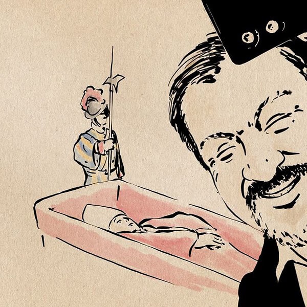 Illustration eines lachend in die Selfiekamera blickenden Söder vor dem aufgebahrten Papst Franziskus.