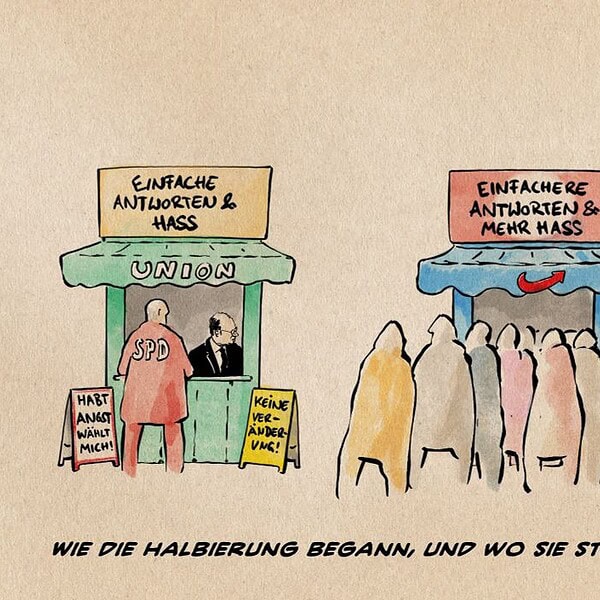 Illustration zweier Verkaufsbuden, die eine ist von der Union, die andere von der AfD. an der Bude der Union steht die SPD, vor der der AfD eine Menschenschlange. Die Bude der Union ist beschriftet mit „Einfache Antworten & Hass“, die der AfD mit „Einfachere Antworten & mehr Hass“. Schilder am Unions-Stand: „Habt Angst und wählt mich“ und „Keine Veränderung!“ ein Schild bei der AfD zeigt ein Hakenkreuz.