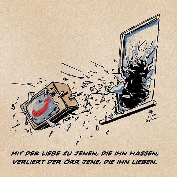 Illustration Ein Fernseher, der als Programm das AfD Logo zeigt, fliegt im Solitterregen durch das geschlossene Fenster. Textzeile: Mit der Liebe zu jenen, die ihn hassen, verliert der ÖRR die, die ihn lieben.