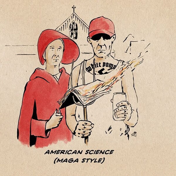 Illustration Bildzitat von Grant Woods American Gothic. Hier dargestellt als Paar aus Frau im roten Handmaids Tale Kostüm und white-power-hakenkreuz-tatoowiertem Trailertrash Land-Nazi im schmierigen Unterhemd mit Maga Kappe. Er hält in der einen Hand auf der Mistgabel ein aufgespießtes Buch, welches sie anzündet und in der anderen ein Bier.
