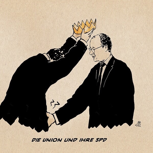 Karikatur zeigt SPD-Politiker mit goldener Krone, symbolisiert Macht und Einfluss.