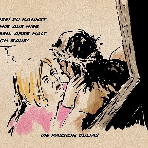 Illustration von Julia Klöckner die in einer Volgelperspektive von hinten über Schulter und Kreuz Jesus drohend ins Gesicht schaut, während sie ihm ins Gesicht fasst. Sie sagt: Schnauze! Du kannst von mir aus hier abhängen, aber halt Dich raus! Textzeile: Die Passion Julias