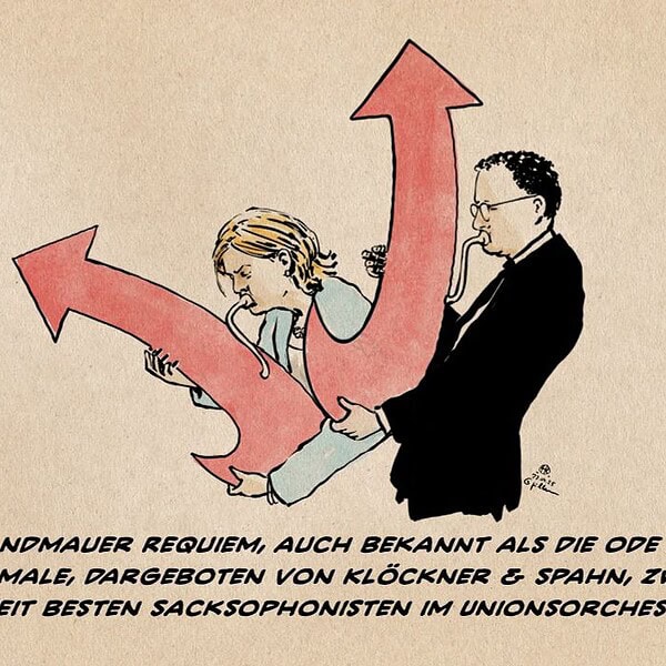 Karikatur von zwei Sacksophonisten mit Pfeilen, die in verschiedene Richtungen zeigen.
