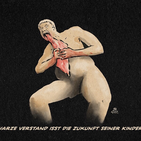 Illustration in Art eines Bildzitates nach Goyas Wer „Saturn isst eines seiner Kinder“. Man sieht einen leicht untersetzten nackten Mann vor dunklem Hintergrund mit kurzen weißen Haaren, der mit blutigen Händen ein Stück Fleisch fest gepackt hält, von dem er -den Wahnsinn in den Augen- Stück um Stück isst. Textzeile: Der schwarze Verstand isst die Zukunft seiner Kinder.