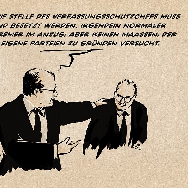 Illustration Merz erklärt Dobrindt: Dobrindt! Die Stelle des Verfassungsschutzchefs muss umgehend besetzt werden. Irgendein normaler Rechtsextremer im Anzug, aber keinen Maaßen, der gleich eigene Parteien zu gründen versucht.