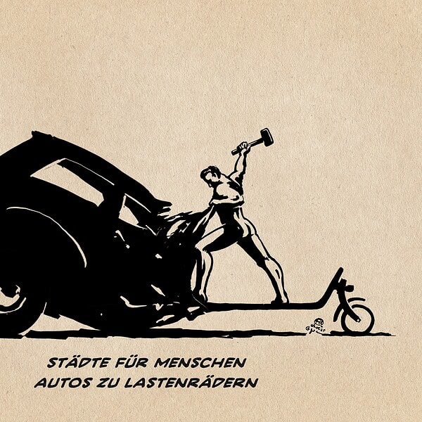 Illustration in Art einer Adaption des Schwerter zu Pflugscharen-Symboles, also eines Mannes, der ein Auto mit dem Hammer zu einem Lastenrad umschmiedet. Textzeile: Städte für Menschen, Autos zu Lastenrädern.