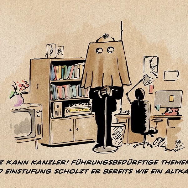 Illustration von Merz, der sich in seinem Arbeitszimmer in einer Stehlampe versteckt Textzeile: Merz kann Kanzler! Führungsbedürftige Themen, wie die AFD Einstufung, scholzt er bereits wie ein Altkanzler.