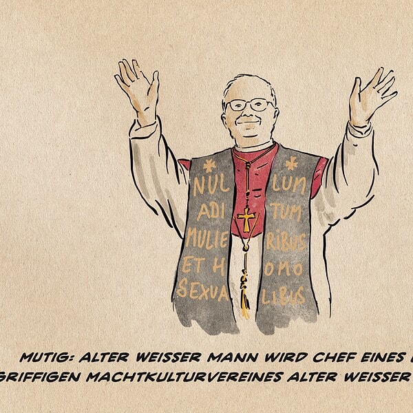 Illustration von Papst Leo XIV im Ornat, der lächelnd die Arme hebt. Auf der Pellerine, einem über die Schultern nach vorne gelegtem, breiten Schal steht auf Latein: Nullum aditum mulieribus et homosexualibus (auf Deutsch: Kein Zutritt für Frauen und Homosexuelle) Illustration von Papst Leo XIV im Ornat, der lächelnd die Arme hebt. Auf der Pellerine, einem über die Schultern nach vorne gelegtem, breiten Schal steht auf Latein: Nullum aditum mulieribus et homosexualibus (auf Deutsch: Kein Zutritt für Frauen und Homosexuelle)