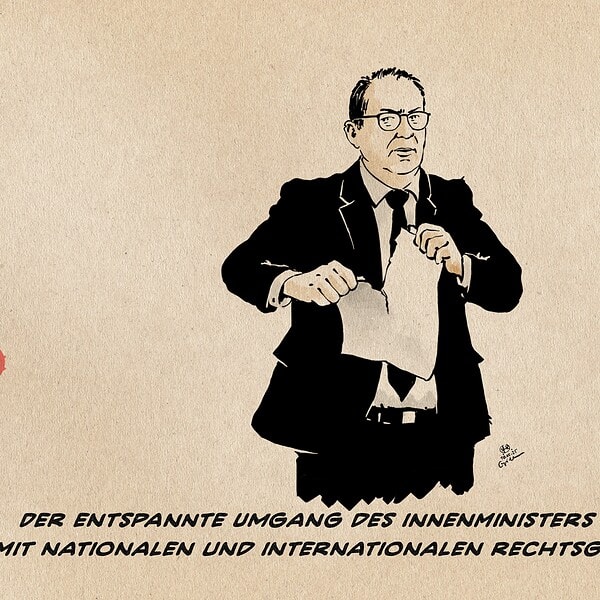 Illustration von Innenminister Dobrindt, der energisch mit Blick zum Betrachter ein Blatt zerreisst. Textzeile: Der entspannte Umgang des Innenministers Dobrindt mit nationalen und internationalen Rechtsgrundlagen
