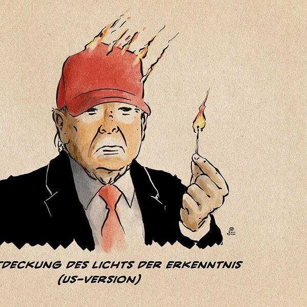 Illustration von Trump, der sich gerade mit einem Streichholz seine Maga-Kappe angezündet hat. Textzeile: Die Entdeckung des Lichts der Erkenntnis (US-Version)
